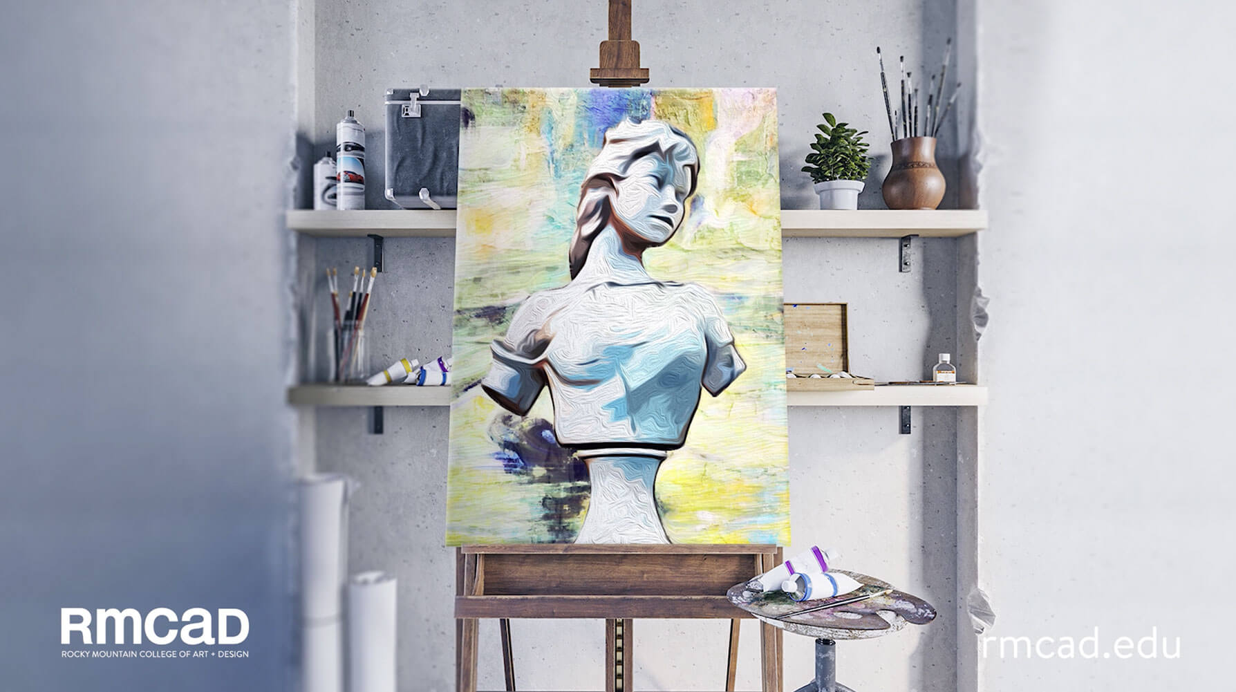 painting of woman on canvas in an art studio