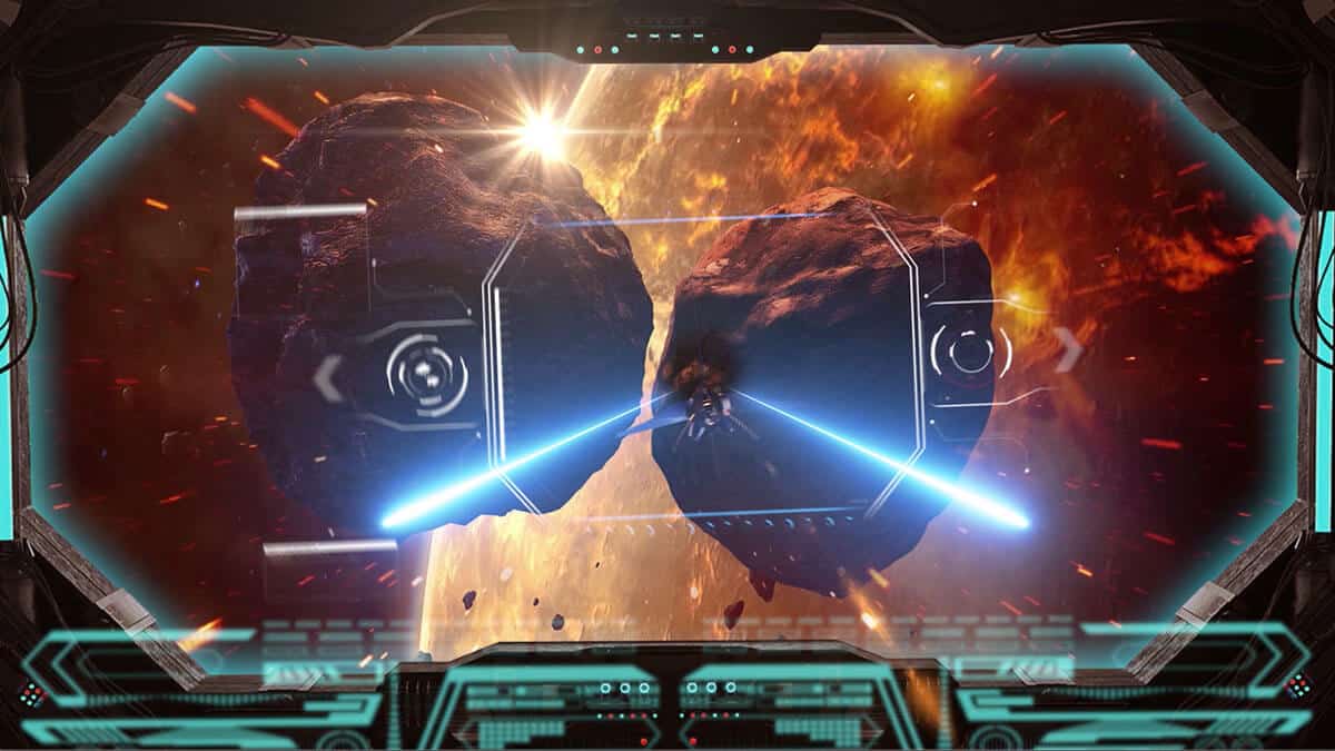 video game scene with space ship and meteors